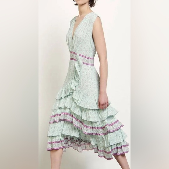 SANDRO Paris jacquard print ruffle midi dress - Picture 1 of 8